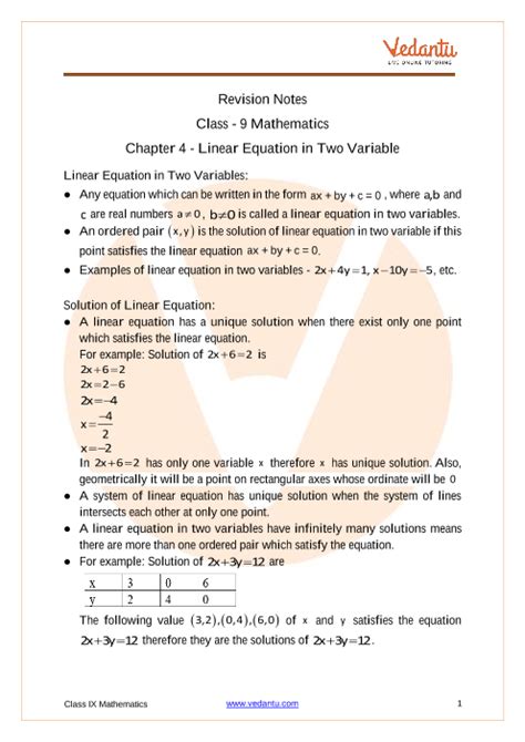 linear equations in two variables class 9th notes