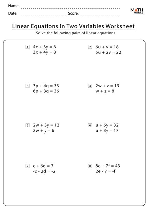 linear equations in two variables examples worksheet