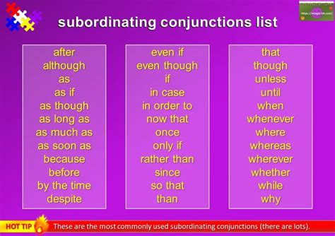 list five examples of subordinating conjunction