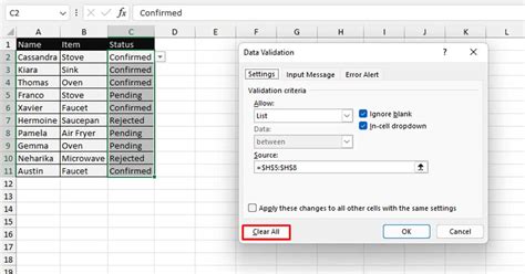 list in excel data validation