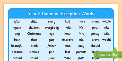list of common exception words year 2