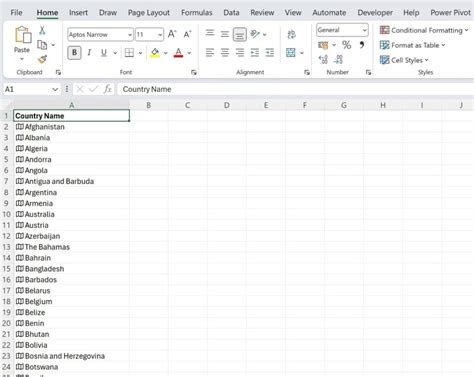 list of countries in excel format