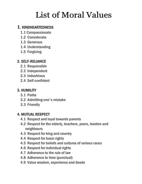 list of morals and values