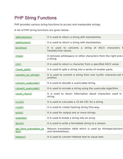 list of php functions and their uses