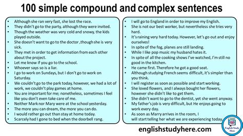 list of simple compound and complex sentences