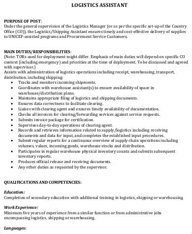 logistic assistant job description