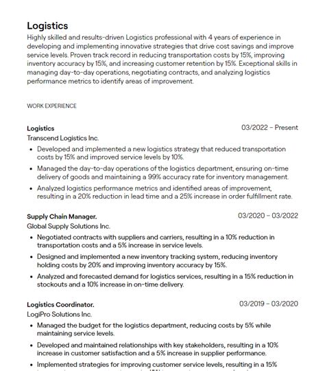 logistics resume summary examples