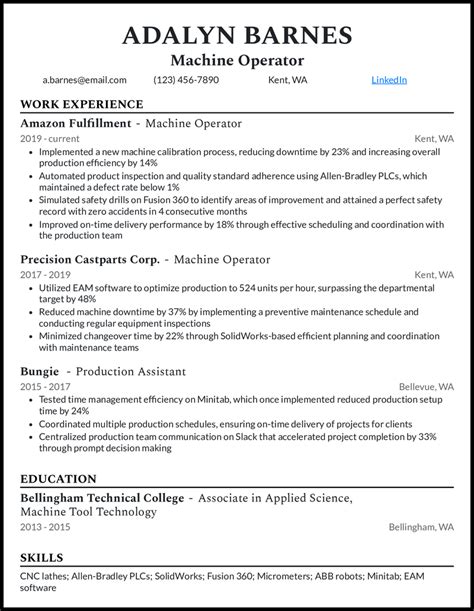 machine operator description for resume examples