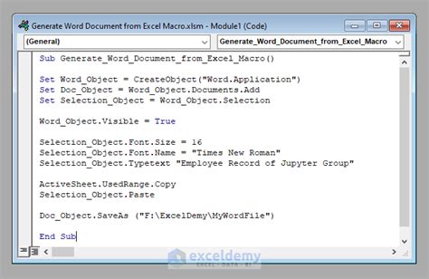 macro to create word document from excel