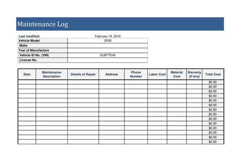 maintenance log template excel pdf