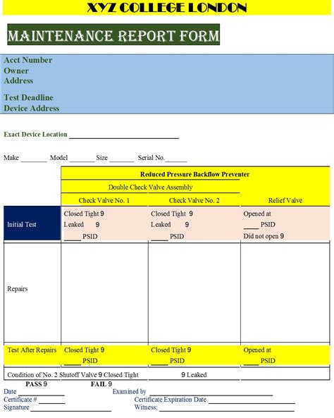 maintenance report format in excel