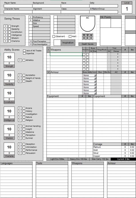 making a character sheet in excel