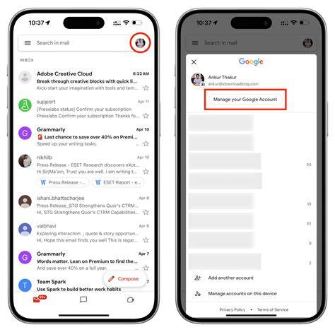 manage google account in gmail app