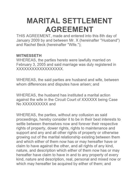 marital settlement agreement example pdf