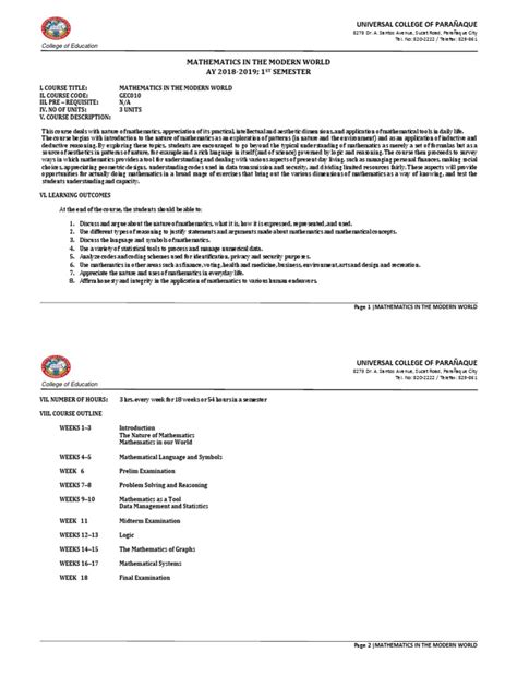 mathematics in the modern world syllabus