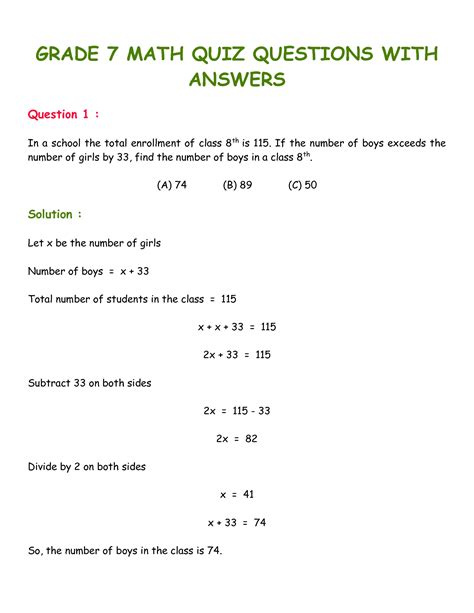 maths quiz questions with answers for class 6 7