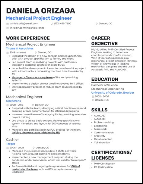 mechanical project engineer resume format