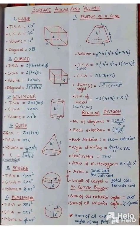 mensuration formulas for class 10