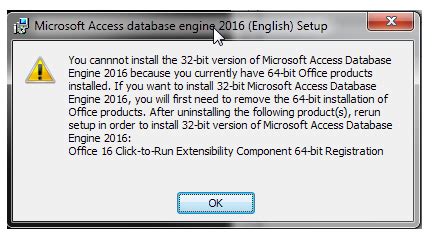 microsoft access database engine 2016 installation ended prematurely because of an error