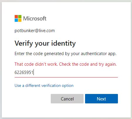 microsoft authenticator app verification code not working