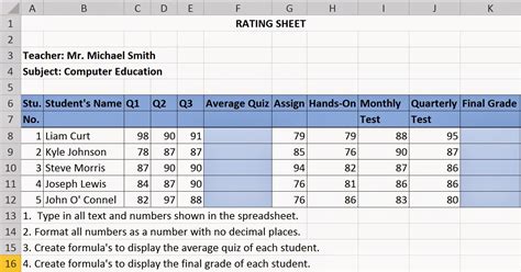 microsoft excel activity for students