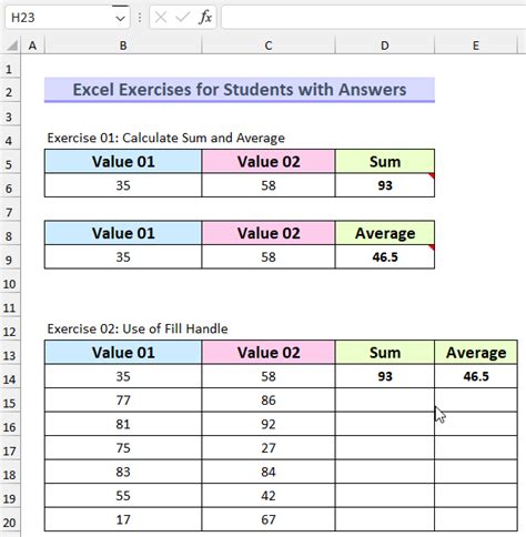 microsoft excel assignments for high school students