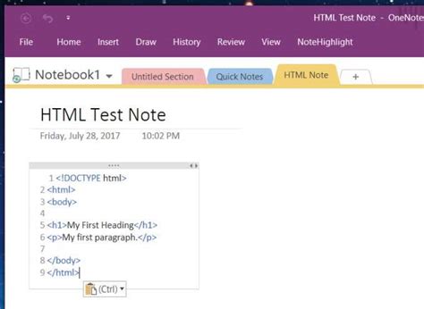 microsoft onenote insert code block