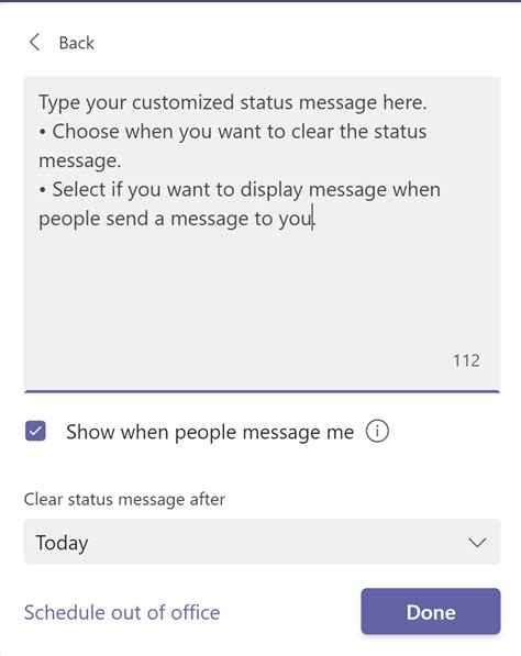 microsoft teams status message examples for leave