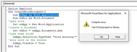 microsoft visual basic for applications excel error cannot find project or library