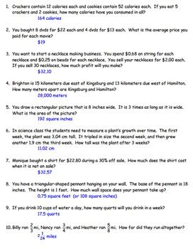 middle school math word problems with answers