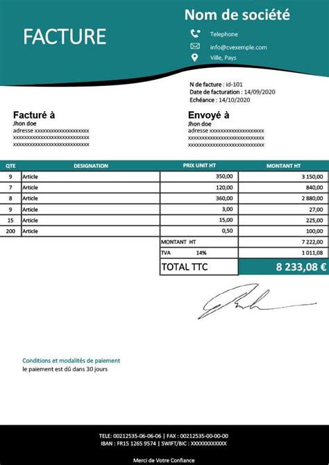 modèle de facture excel gratuit