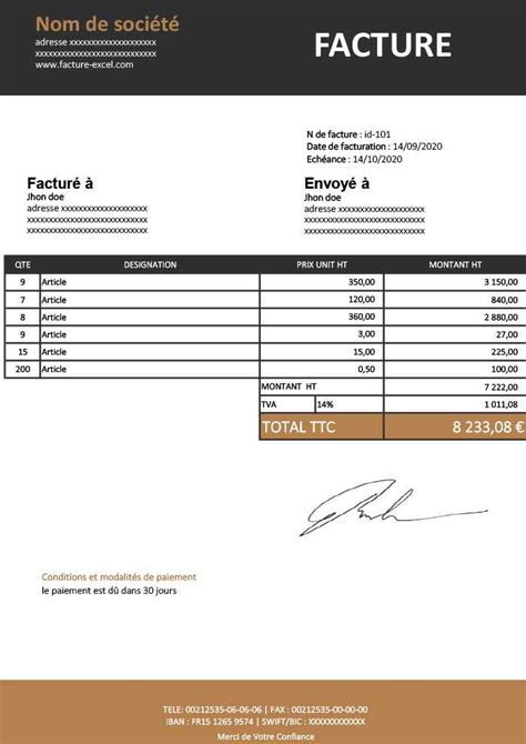 modèle de facture sur excel gratuit