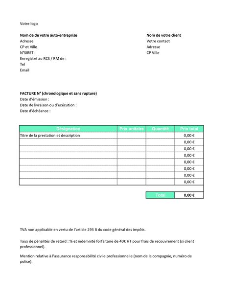 modele de facture excel pour auto entrepreneur