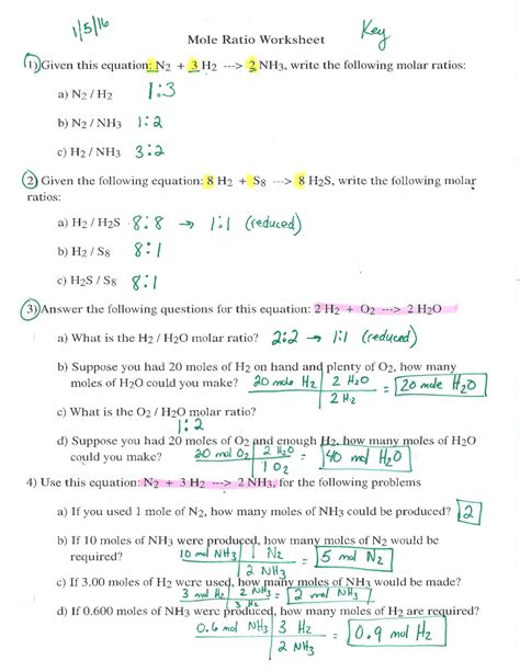 mole mole ratio problems worksheet with answers pdf