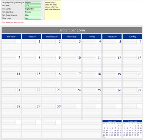 Monthly Excel Calendar Template