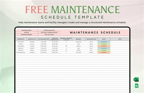 monthly maintenance schedule template excel