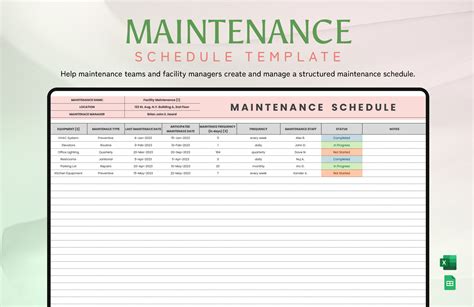 monthly preventive maintenance schedule template excel