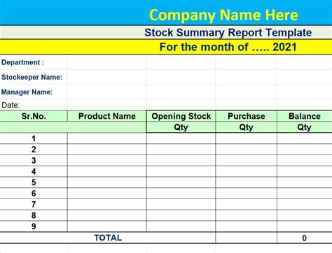 monthly stock report format in excel