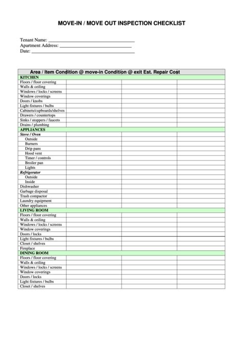 Move In Inspection Checklist Template