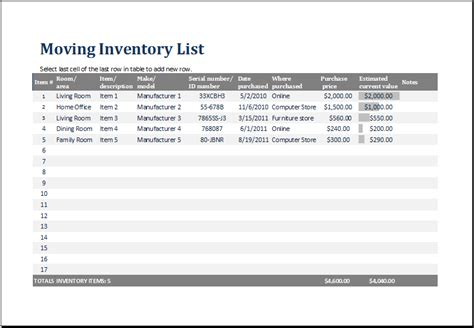 moving inventory list template excel