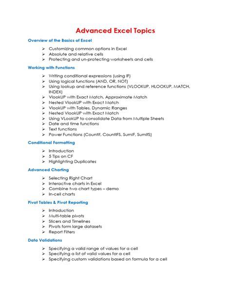 ms excel topics pdf