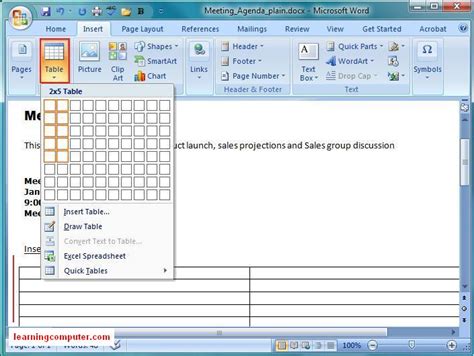 ms word insert tab functions pdf
