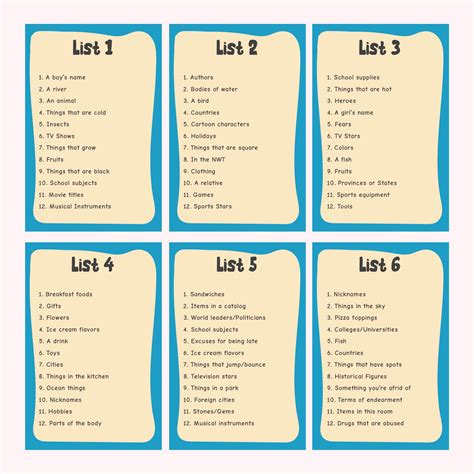 name 5 categories list