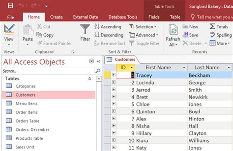 name the database objects in access 2016