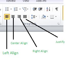 name the four types of text alignment that are possible in word