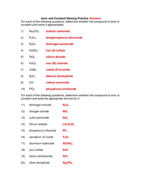 naming and writing formulas for covalent compounds worksheet answer key