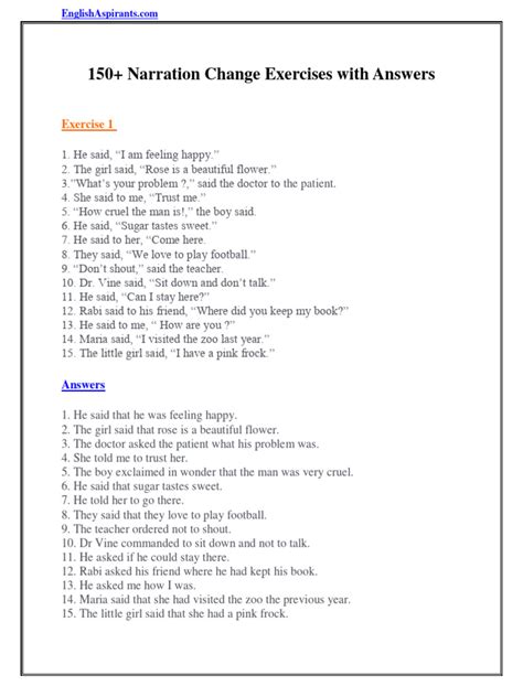 narration change assertive sentence exercise with answers pdf