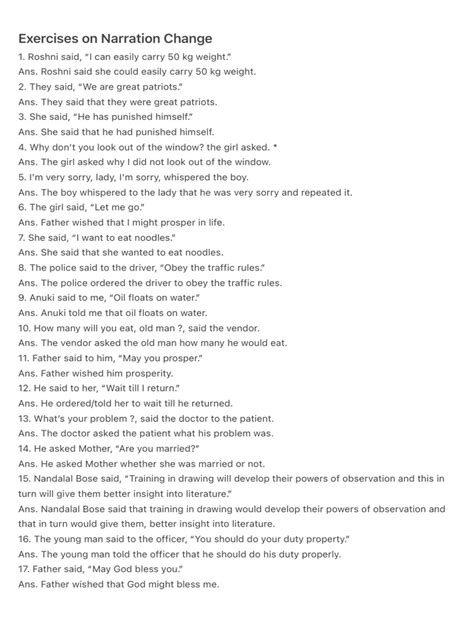 narration exercises for class 9 with answers pdf download