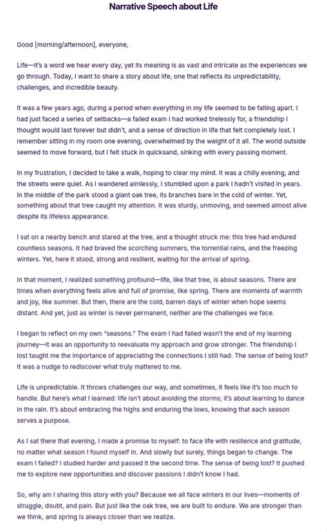 narrative speech examples about life