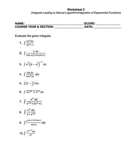 natural log integration practice problems